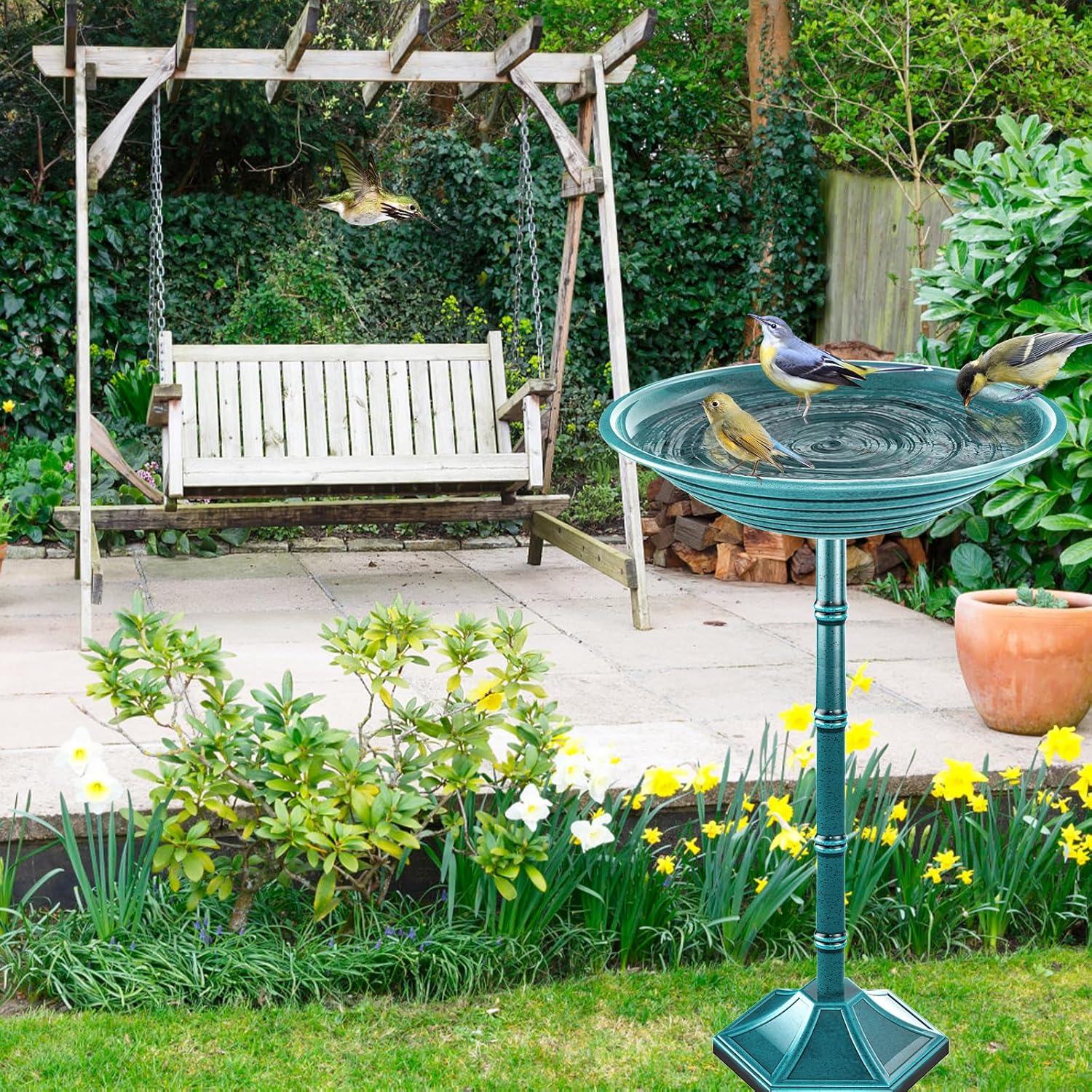 Bird Bath for Outside with Pedestal, Vintage Freestanding Garden Metal Birdbaths & Birdfeeder, Birdbaths Bowl Bird Baths for Outdoors Yard Garden Lawn Decor (Green)